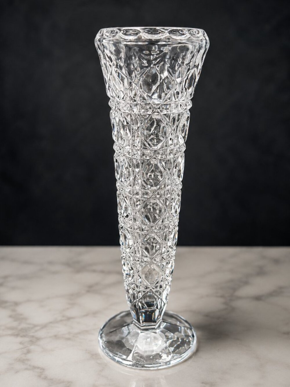 Vintage Indiana Glass Royal Brighton Clear Crystal Bud Vase Diamond Cut Pressed
